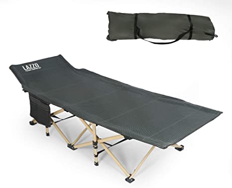 LAZZO 74.8"x28" Folding Camping Cot, Side Pocket Portable Camp Cot, Stable Lounger Bed with Carry Bag for Home, Office, Yard, Balcony, Patio, Garden, Beach, Famliy Lounging, Load 220lbs