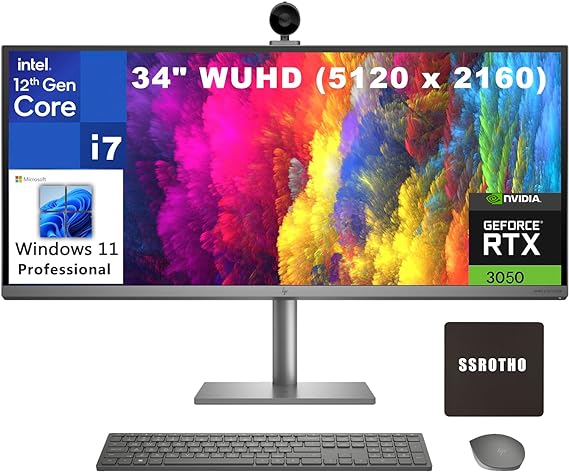 HP Envy AIO 34" WUHD 5120 x 2160 500nits Business All-in-One Desktop Computer, 12th Intel 12-Cores i7-12700, 32GB DDR5 RAM, 2TB PCIe SSD, GeForce RTX 3050 4GB, WiFi, BT 5.0, Windows 11 Pro, SSROTH