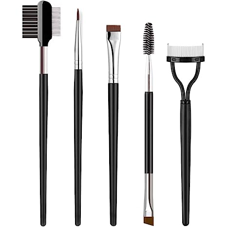 KINGMAS 5 Pieces Fine Eyeliner Brush, Angled Eyebrow Brush, Eyelash Separator and Lash Spoolie, Brow Comb Grooming Makeup Tool (B. 5 Pieces Set)