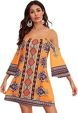 Milumia Women's Tribal Print Kimono Sleeve Geometric Tunic Boho Dress