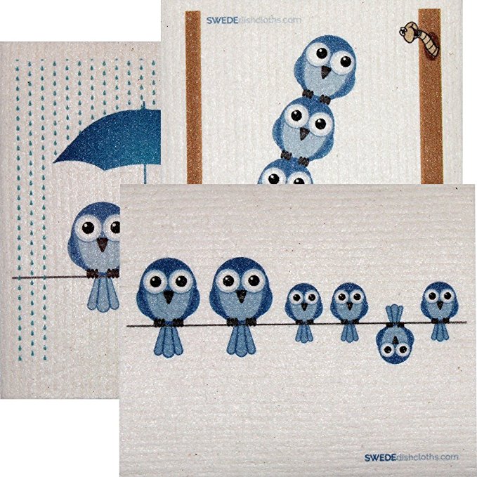 Mixed Blue Birds Set of 3 each Swedish Dishcloths | ECO Friendly Absorbent Cleaning Cloth | Reusable Cleaning Wipes