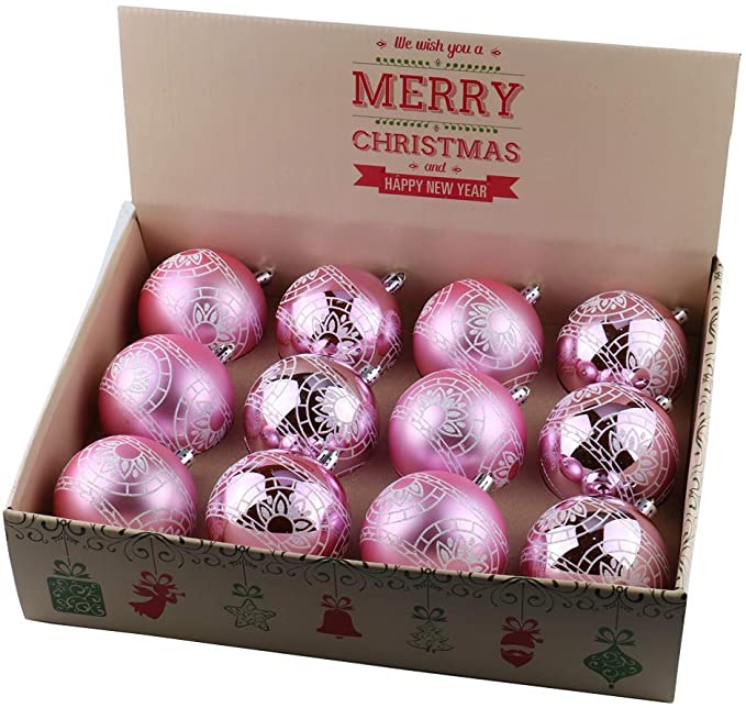 ALEKO CHB05PK Shatterproof Winter Print Ornament Holiday Christmas Set with Decorative Box Set of 12 Light Pink