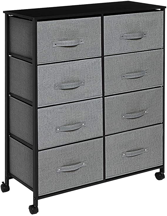 KINGSO 8 Drawer Dresser Storage Tower Organizer Unit with Rolling Wheels,Easy Pull Fabric Drawer, Sturdy Steel Frame, Wood Top, Dressers for Bedroom Living Room Entryway Hallway Closet - Dark Gray