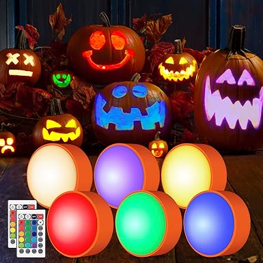 LUNSY Halloween LED Flameless Pumpkin Lanterns, Battery Operated Jack-O-Lantern Lights with Remote Control and Timer, RGB Dimmable Color Changing Lights for Halloween and Pumpkin Decoration - 6 Pack