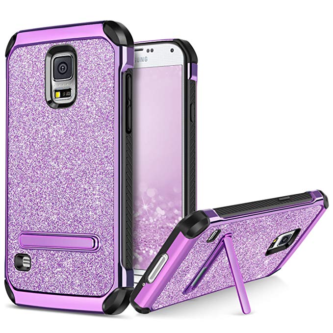 BENTOBEN Phone Case for Samsung Galaxy S5, Kickstand Protective Glitter Bling Cell Phone Cases 2 In 1 Hard PC Soft TPU Shockproof Cover with Luxury Sparkly Shiny Faux Leather for Girls, Women - Purple