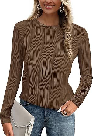 PRETTYGARDEN Women's Basic Plain Tee Shirts Fall Long Sleeve Crewneck Textured Dressy Casual Blouse Tops