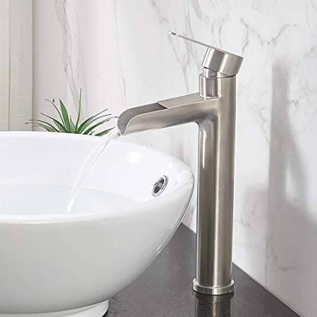 VCCUCINE Commercial Tall Waterfall Spout Brushed Nickel Vessel Sink Faucet, Single Handle Mixer Bathroom Faucet With Two 3/8" Hoses