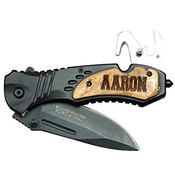 Engraved Personalized Wood Handle Rescue Pocket Knife - Father's Day Groomsmen Gifts - All Black Knife