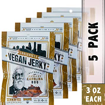 Louisville Vegan Jerky - Smokey Carolina BBQ, Protein Source for Vegans and Vegetarians, 12 Grams of Non-GMO Soy Protein, Gluten-Free Ingredients (Pack of 5, 3 oz)