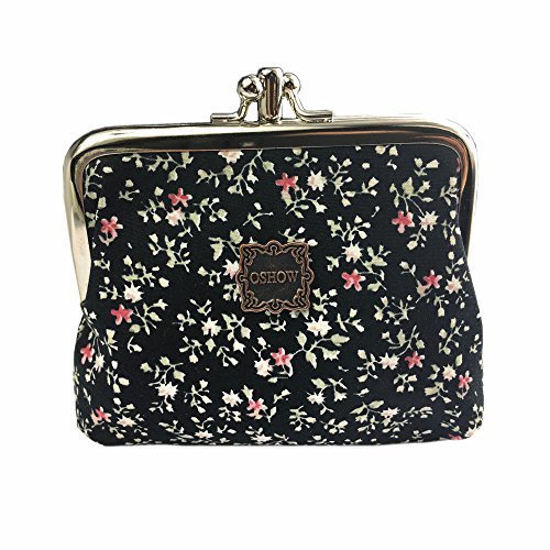 OSHOW Womens Canvas Floral Coin Purse Buckle Clutch Pouch Small Wallet, Black Floral