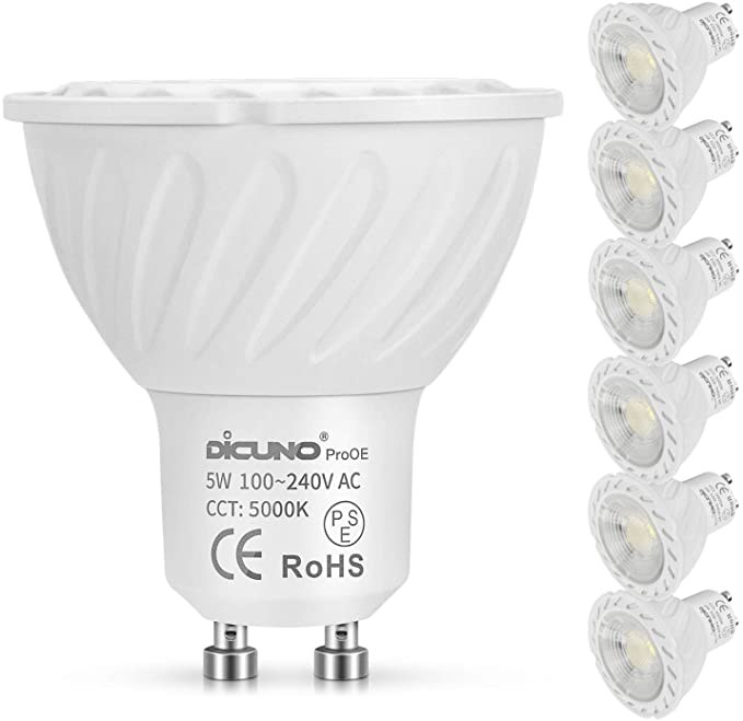 DiCUNO ProOE GU10 LED Bulbs 50W Halogen Bulb Replacement Equivalent 5W High CRI 98 , Daylight White 5000K, 60 Degree Beam Angle, Non-dimmable, Ampoule GU10 Base MR16 Shape 400 Lumen 100V~240V (120V 220V Included) Flood Spotlight Twist Lock Light, 6-Pack