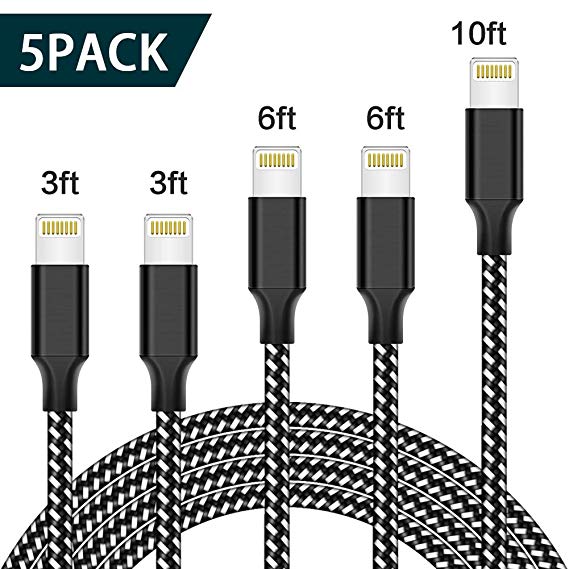PLmuzsz MFi Certified iPhone Charger Lightning Cable 5 Pack Extra Long Nylon Braided USB Charging & Syncing Cord Compatible iPhone Xs/Max/XR/X/8/8Plus/7/7Plus/6S/6S Plus/SE/iPad/Nan More
