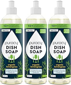 Puracy Natural Dish Soap - Skin-Softening Plant-Based Dishwashing Soap, Non-Toxic Dish Soap, Organic Liquid Dishwashing Detergent Soap (Organic Lemongrass, 16 fl oz, 3 Pack)