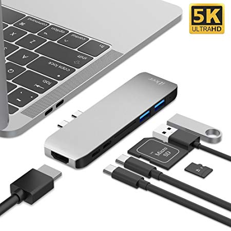 USB C Hub, Type C Adapter, Multiport Type C Hub to 4K HDMI, with Thunderbolt 3(up to 5K,40Gbps) , USB C Power Delivery, 2 USB 3.0 (up to 5Gbps) and SD/TF Card reader, Aluminum Case, for Macbook pro 2018/17/16, Silver, iDeer Life