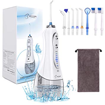 2019 Upgraded Water Flosser Professional Cordless Dental Oral Irrigator, BESTOPE Portable and Rechargeable IPX7 Waterproof with 5 Modes & 6 Tips and 2 toothbrush heads for Braces & Bridges Care