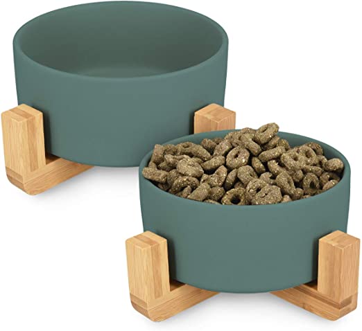 Navaris Ceramic Elevated Cat Bowls - Raised Double Food and Water Bowl Set for Cats and Small Dogs with Wood Stands - No Spill Eco Friendly Pet Bowls