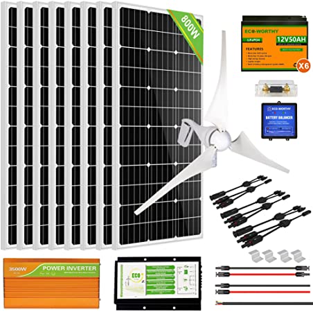 ECO-WORTHY 4.8KWH 1200W 24V Solar Wind Generator System Complete Kit for Off-Grid/Home/Farm/Shed: 8pcs 100W Solar Panels   400W Wind Turbine   6pcs 50AH Lithium Batteries   3500W Off-Grid Inverter