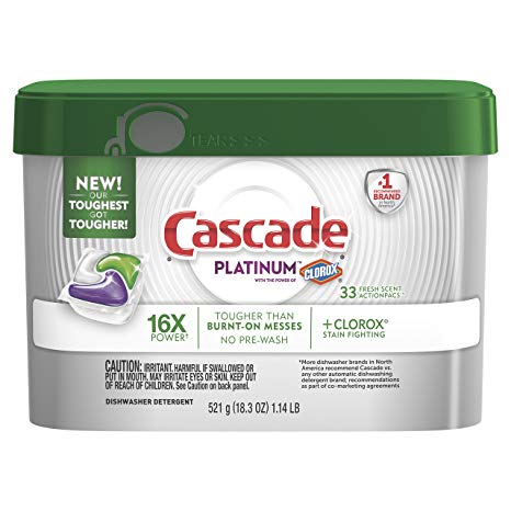 Cascade Platinum ActionPacs Dishwasher Detergent with the Power of Clorox, Fresh, 33 count (Packaging May Vary)