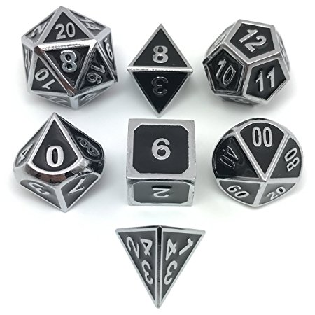 Set of Solid Metal Dice-Shiny Silver with Black Enamel-DnD Dice Set-Polyhedral Dice Set-RPG Dice Set
