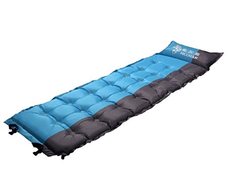 Portable Lightweight SPLICED Self-Inflating Camp Sleeping Pad Mat Mattress Attached Built-In Pillow For Camping, 2inch Thick By DUNLIN