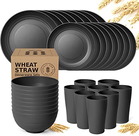 Teivio 32-Piece Kitchen Wheat Straw Dinnerware Set, Service for 8, Dinner Plates, Dessert Plate, Cereal Bowls, Cups, Unbreakable Plastic Outdoor Camping Dishes, Black