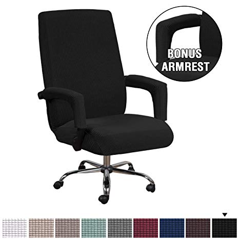 Spandex Polyester Chair Covers for Computer Office Stretching Skid Resistance Furniture Covers, Thick and Durable Soft Spandex Lycra Jacquard Zipper Rotating Medium Back Chair Cover, Black