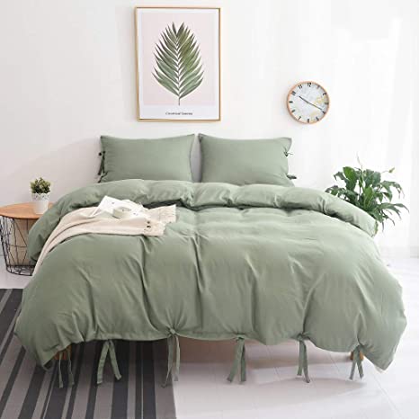 M&Meagle Duvet Cover Green,Solid Color Bowknot Design,100% Microfiber Treated by Washed Cotton Process,Feels Like a Very Soft Cotton-Twin Size(2Pcs,1 Duvet Cover 1 Pillowcase)
