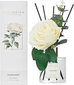 Cocorrína Flower Reed Diffuser - Clean Linen 6.7oz Scented Diffuser with Sticks Home Fragrance Essential Oil for Bathroom Shelf Decor (Artificial Flower)