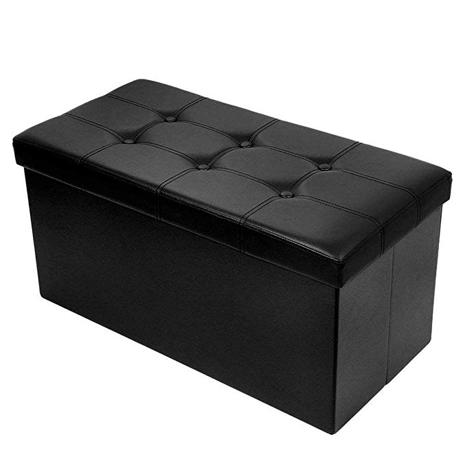 BRIAN & DANY 30L Faux Leather Folding Storage Ottoman Bench,Storage Chest, Perfect Toy and Shoe Chest, Foot Rest,Coffee Table,Folding Bench Chest with Cover (Black)