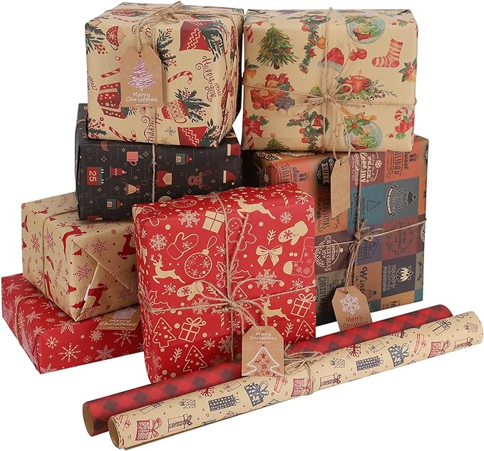 11x Large Sheets Christmas Kraft Gift Wrapping Paper, All Recyclable and Unique Design, 70x50CM