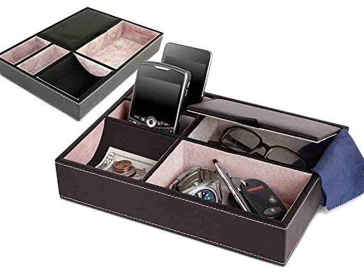 ADEPTNA New Premium 5 Compartment Valet Tray - Premium Quality Black Textured Leather Table Desktop Dresser Wallet Office Jewellery Storage Tray