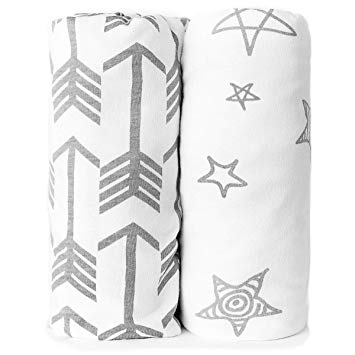 Bassinet Sheets - Fitted, Premium Jersey Cotton - Baby Bedside Sleeper Cover - Universal Sheet Set for Rectangle, Oval, or Hourglass Bassinet Mattress - White 2 Pack for a Girl or Boy - Arrow Stars