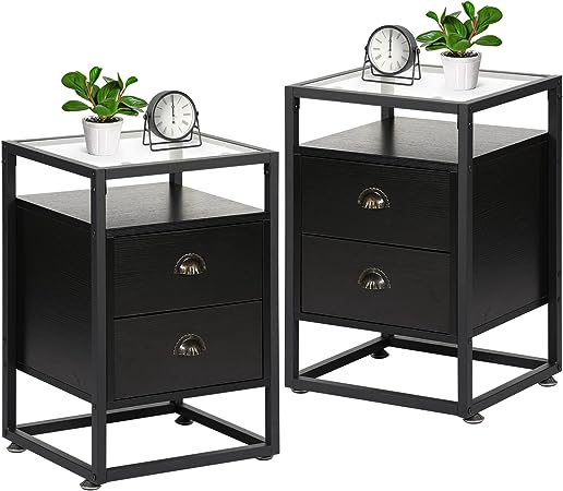 VECELO Glass Nightstands,End Table with 2 Drawers and Metal Frame,Set of 2 for Living Room,Bedroom,Lounge,Vintage Black