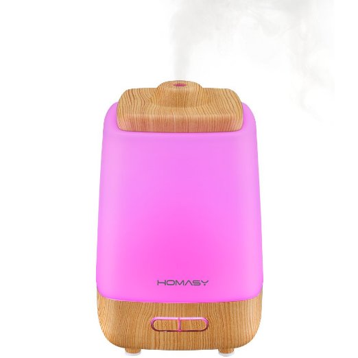 Homasy 200ml Aromatherapy Essential Oil Diffuser for Spa, Home, Office, Room - Wood Grain, 7-Color LED Lights, Waterless Auto Shut-off