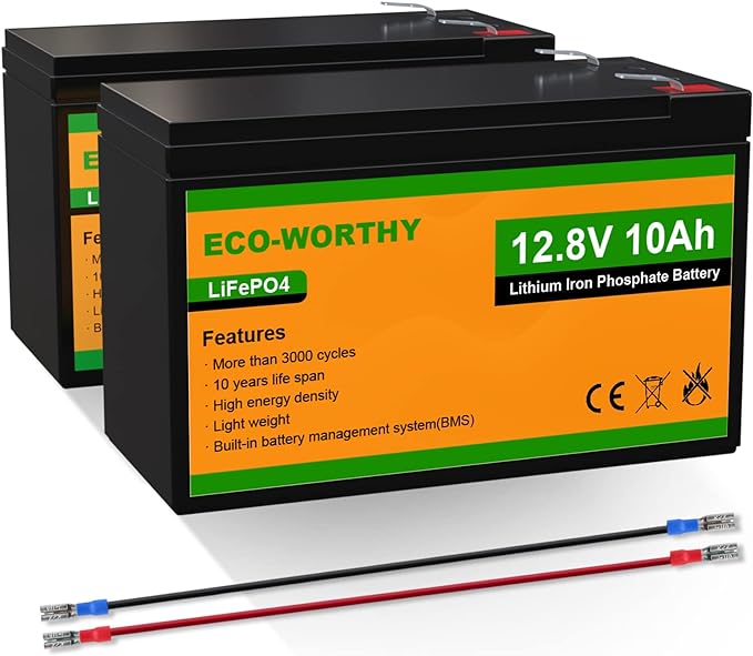 ECO-WORTHY (2 Pack) 12V 10Ah Lithium Ion LiFePO4 Battery, 3000  Deep Cycle Rechargeable Battery for UPS System, Kids Scooter, Power Wheels, Lighting, Fish Finder and More