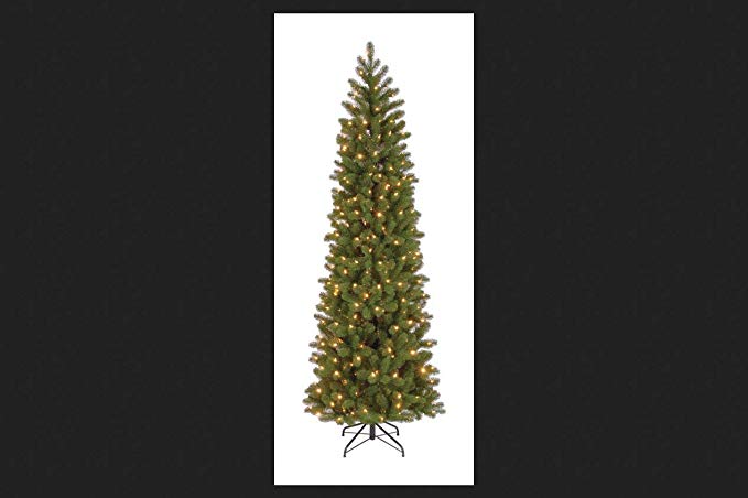 National Tree 7.5 Foot Feel Real Downswept Douglas Fir Pencil Slim Memory-Shape Tree with 350 Low Voltage Dual LED Lights, Hinged (PEDD4-392D-75M)