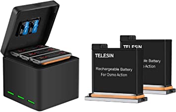 TELESIN 2-Pack Replacement Battery and Triple Storage USB Charger Case with Charging Cable for DJI Osmo Action Camera, Compatible with Original Batteries (1 x Charger   2 x Batteries)