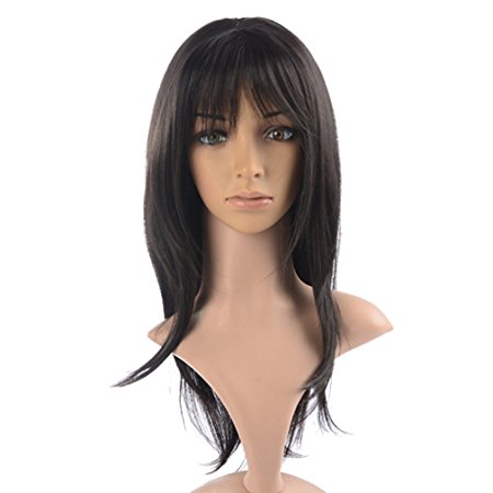 Namecute Black Wig Layered Synthetic Wig Full Bangs for Women Free Wig Cap