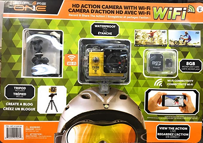 Explore 1234130 HD Action Camera with 8 GB Micro SD Card/Waterproof Case/Pole Mount/Tripod and Wi-Fi - Yellow