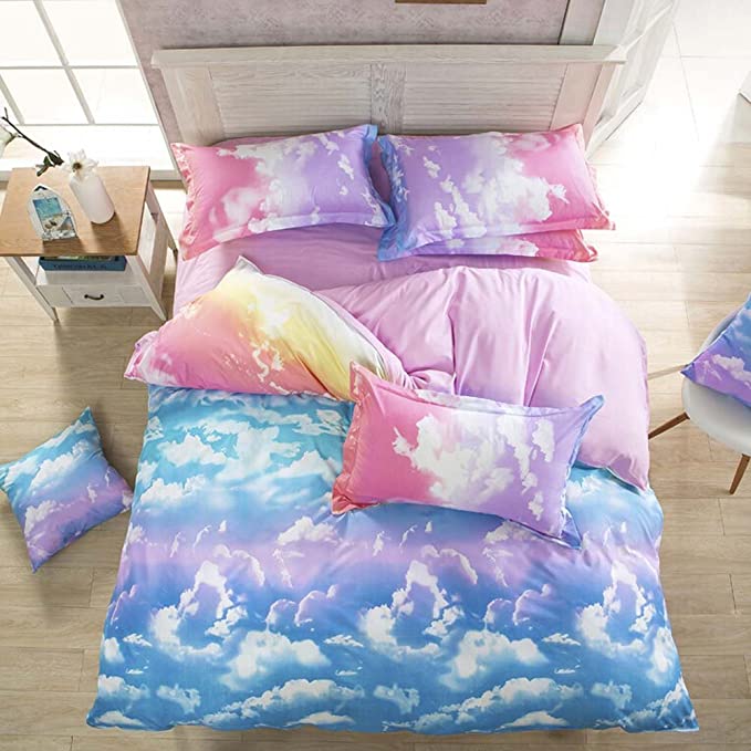 Mengersi Cloud Sky Duvet Cover Set Rainbow Bedding Cover- Lightweight and Soft Comforter Cover(Queen,Pink and SkyBlue)