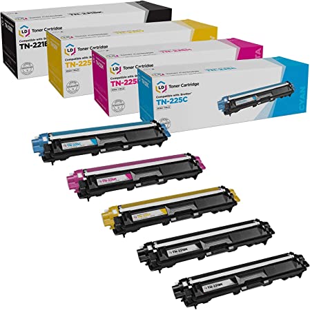 LD Compatible Toner Cartridge Replacements for Brother TN221 & TN225 High Yield (2 Black, 1 Cyan, 1 Magenta, 1 Yellow, 5-Pack)