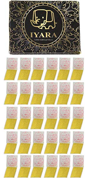 IYARA 30 Edible Gold Leaf Sheets – Multipurpose 24 Karat Yellow Gold Leaves For Food And Cake Decoration, Spa, Anti-Wrinkle Face Masks, Art, Crafts, Gilding, Restoration, DIY Projects (1.2" x 1.2")