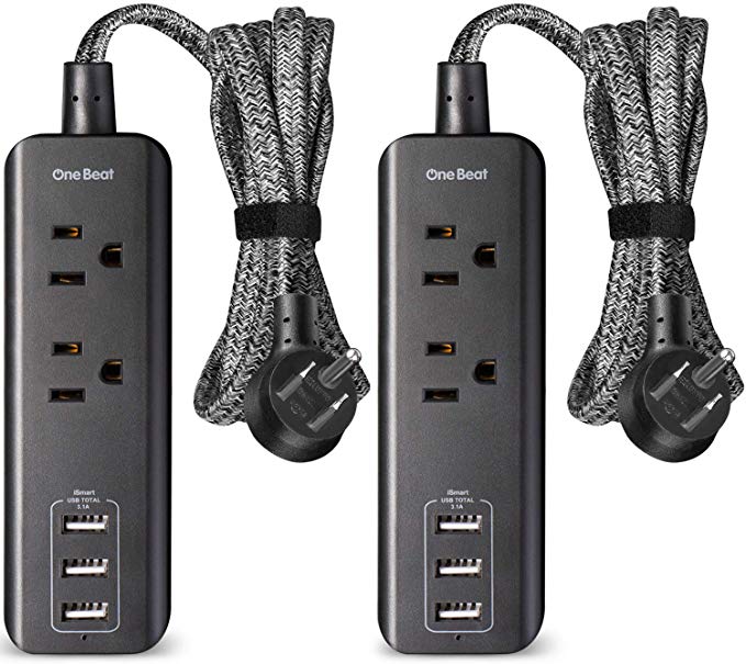 2 Pack Power Strip with USB, 2 Outlets and 3 USB Ports(3.1A, 15W) Travel Power Strip, Desktop Charging Station with 5 ft Braided Extension Cord, Flat Plug for Cruise Ship, Home and Office, Black