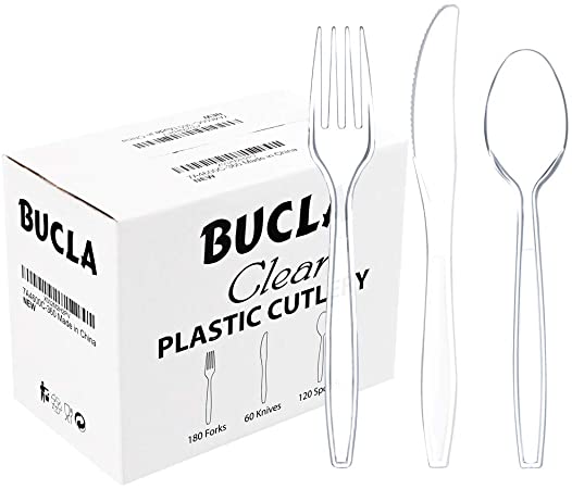 BUCLA 360 Pieces Clear Plastic Silverware -Disposable Plastic Cutlery- Clear Heavyweight Disposable Plastic Utensils Include 180 Plastic Forks, 120 Plastic Spoons, 60 Plastic Knives