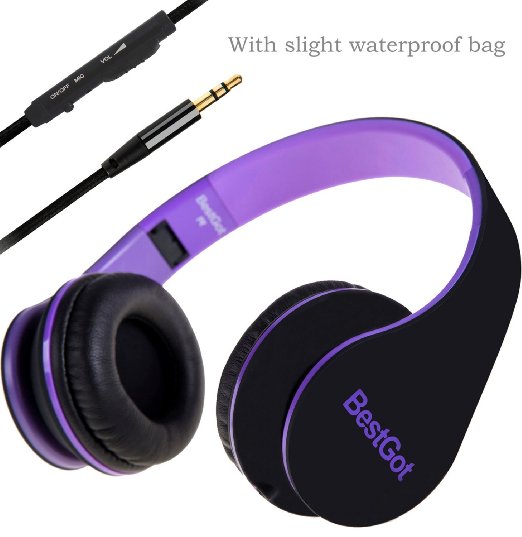 Headphones, BestGot Headphones for Kids Adult with Microphone In-line Volume, Included Transport Waterproof Bag for iPhone 5s/6/6s Plus/6s Plus, iPad/iPod, Android Device MP3/4, black/purple
