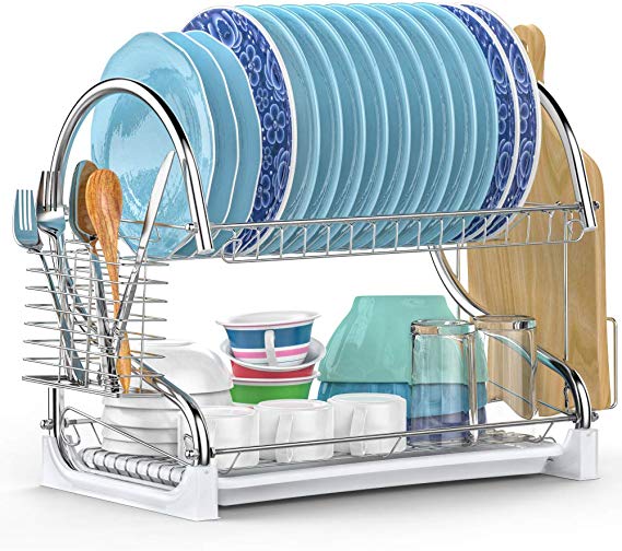 Cambond Dish Rack, 2 Tier Dish Drying Rack with Drain Board, Utensil Holder, Cutting Board Holder, Rustproof Dish Drainer for Kitchen Countertop
