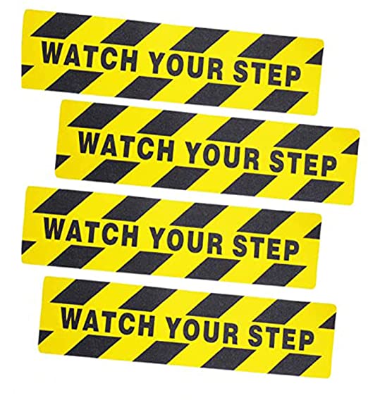 Forsun 4 Pieces 6 by 24 Inches Watch Your Step Warning Sticker Adhesive Tape Anti Slip Abrasive Tape for Workplace Safety Wet Floor Caution