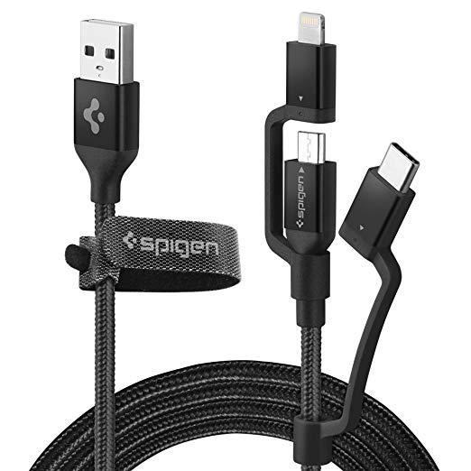 Spigen DuraSync 3-in-1 Universal Charger Cable, Lightning/USB-C/Micro USB, Premium Braided [4.9ft MFi Certified] Multi Charging Cable Works with iPhone, iPad, Galaxy, LG, Pixel with a Cable Organizer