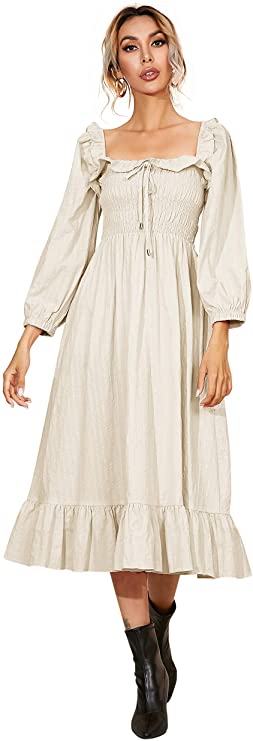 R.Vivimos Women's Linen Fall Long Sleeves Stripes Ruffled Boho Casual A-Line Flowy Midi Dresses