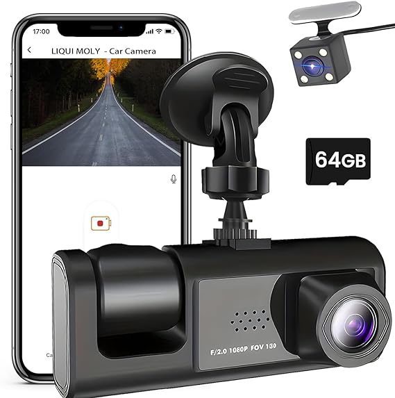 Dash Cam 3 Channel Dash Cam Full HD Dash Camera for Cars - Mini Dashcams for Cars with Night Vision - Loop Recording, 170°Wide Angle, WDR, G-Sensor, 24H Parking Mode